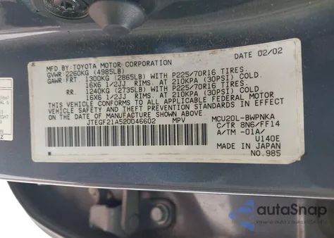 2002 Toyota Highlander Limited V6 из США, поврежденный, VIN JTEGF21A520046602